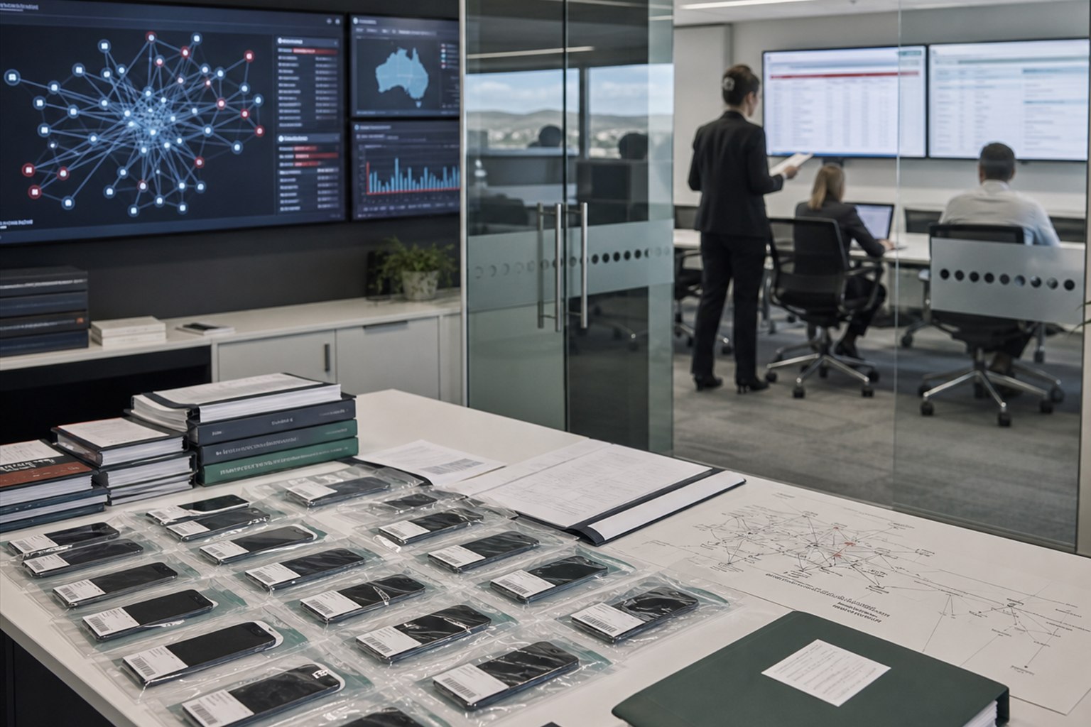 Investigators review sealed phones and a communications network in a compliance office