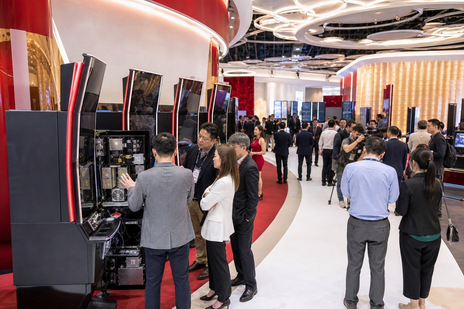 Operators and product specialists inspect open upright cabinets at a Macao trade show