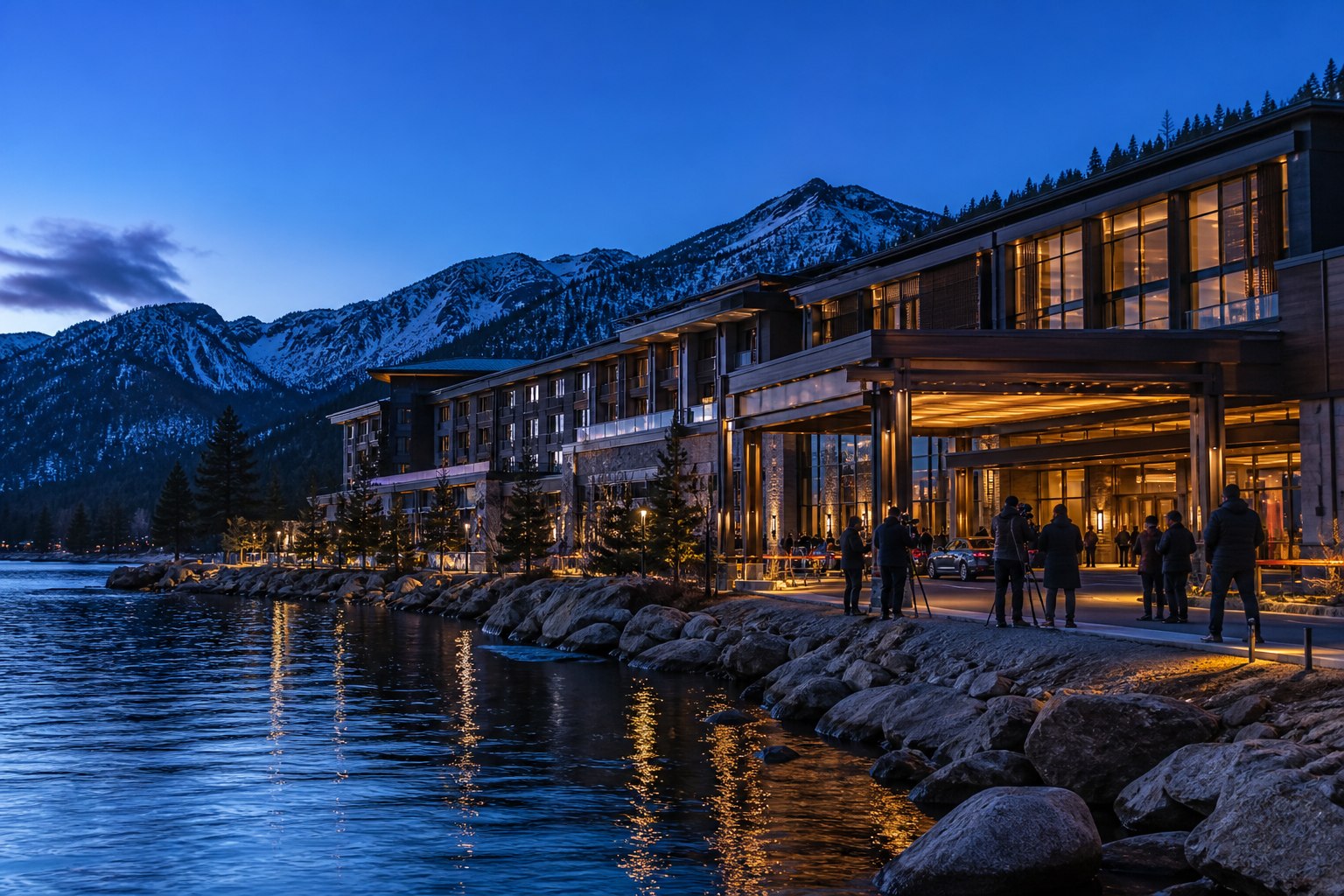 Modern alpine resort and press arrivals beside Lake Tahoe at blue hour
