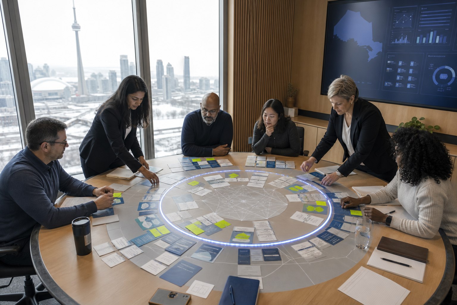 A diverse public-policy team works around a circular data table with Toronto outside