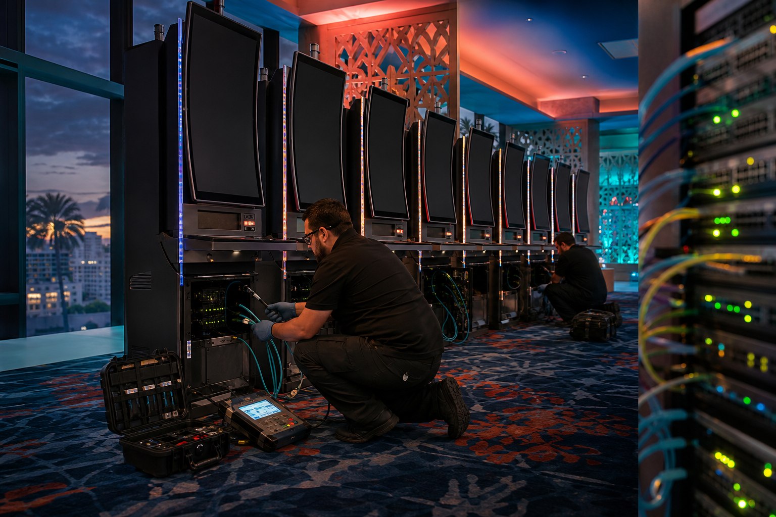 Technicians connect unbranded portrait gaming cabinets to network equipment