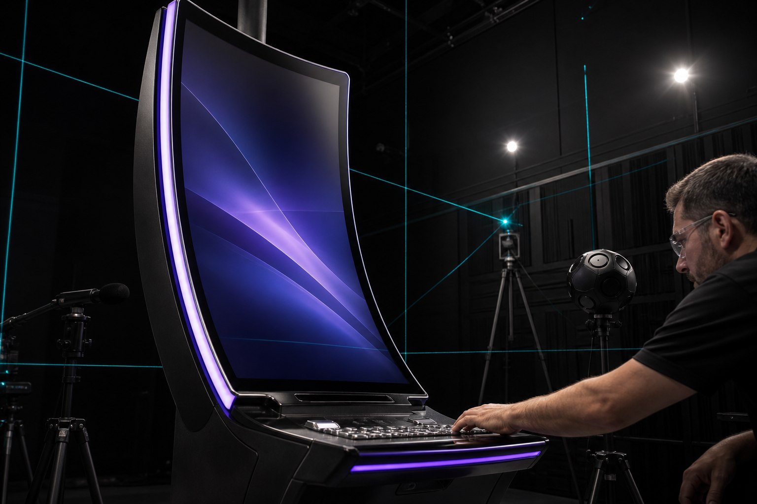 An engineer tests an unbranded curved portrait cabinet in a dark design studio