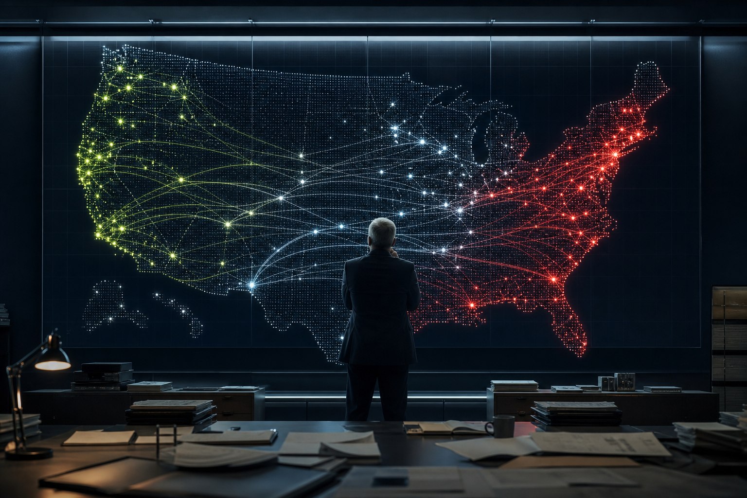 A market editor studies an abstract illuminated map of the United States