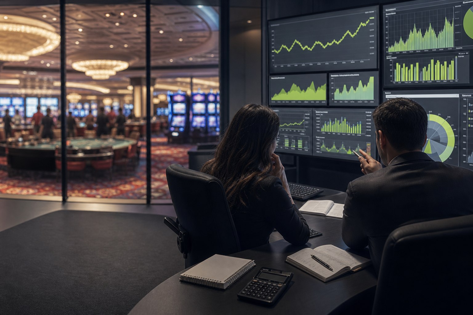 Two market analysts review casino revenue dashboards beside a gaming floor
