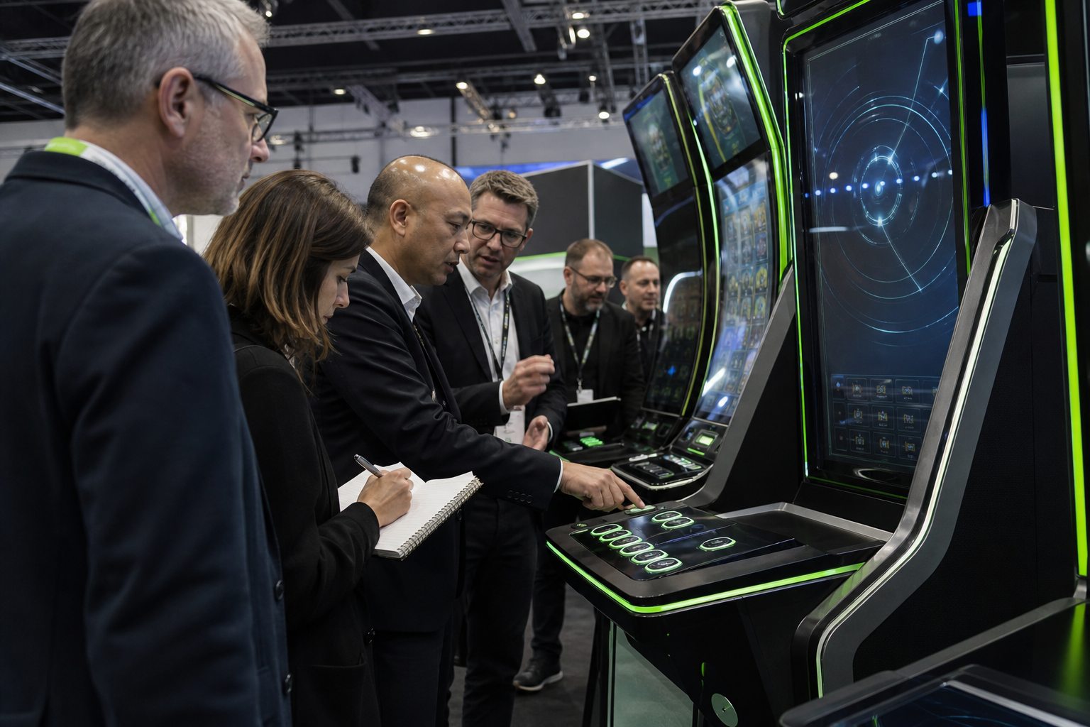 International casino operators and media inspect new gaming cabinets at a trade show