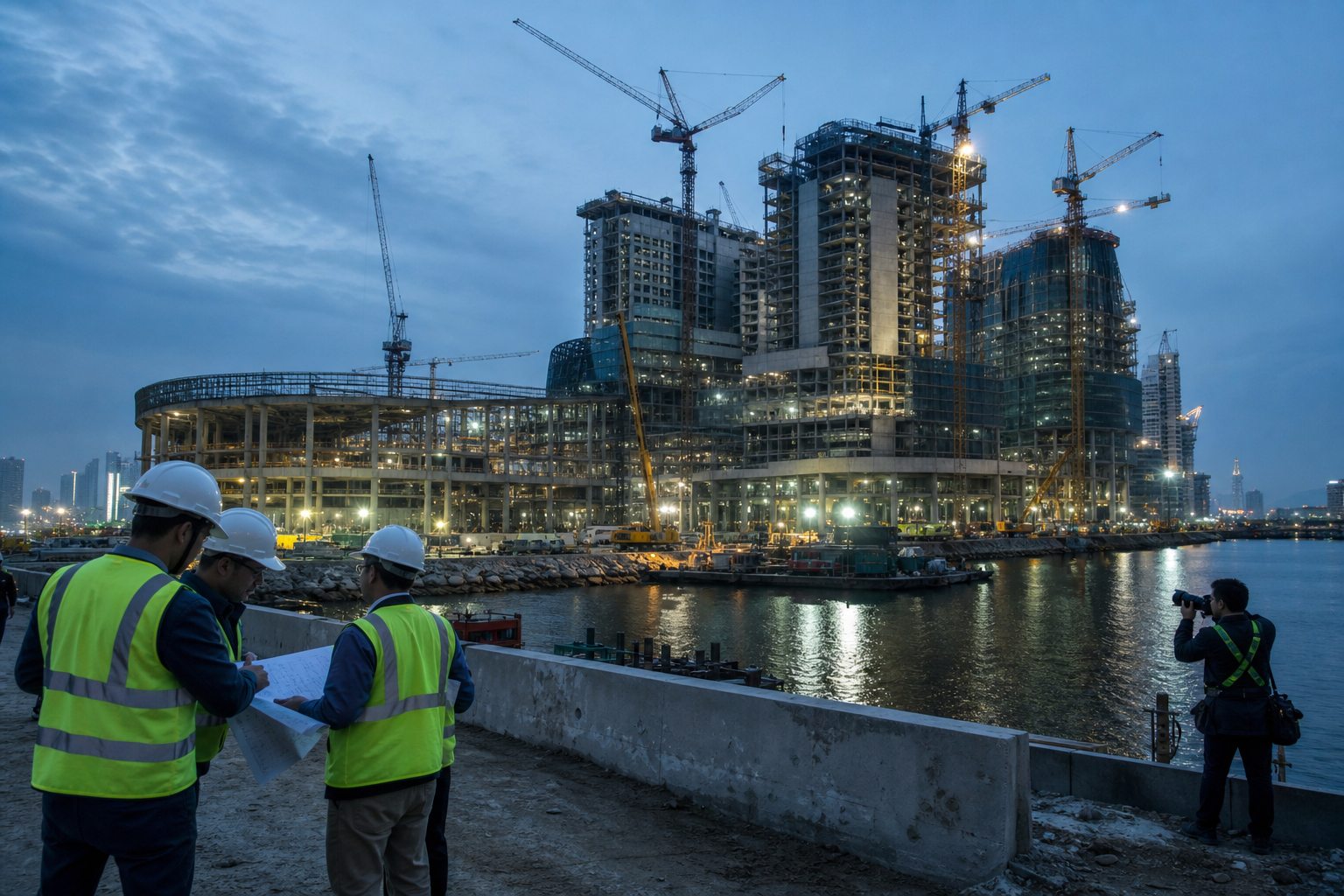 Engineers and press inspect a major waterfront casino resort construction site